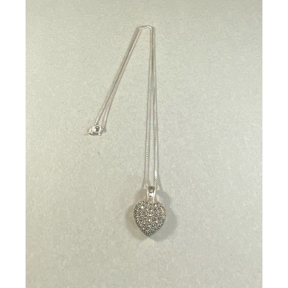 925 Italy Heart Marcasite Necklace Chain Link Love Puffy